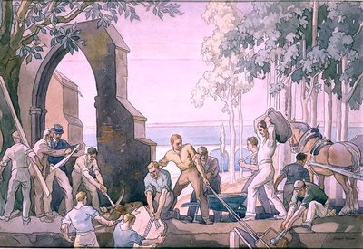 Men at Work, c.1920s (ペン＆インク、水彩、紙) 作： Joseph Milner