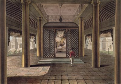 ラングーン寺院に立っている兵士。1825年にジョージハントによって彫刻されました（着色されたアクアチント） 作： Joseph Moore