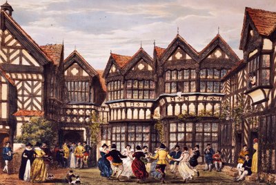 リトルモートンホール、チェシャー、1839-40年の「昔のイングランドの大邸宅」より 作： Joseph Nash