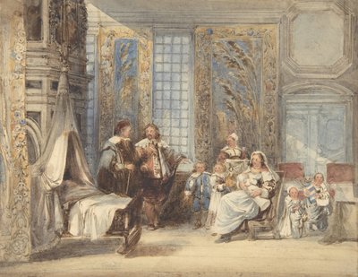 17世紀の室内の家族と客のシーン、1825-78年 作： Joseph Nash.