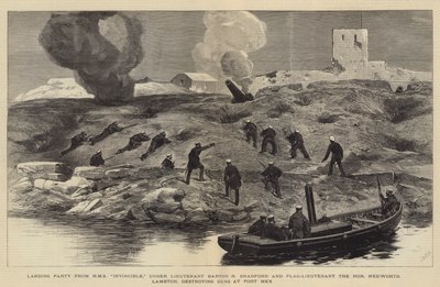 バートンRブラッドフォード中尉とメックス砦で銃を破壊するヘドワースラムトン名誉中尉の下での、HMS無敵の着陸党、アレクサンドリアの砲撃 作： Joseph Nash