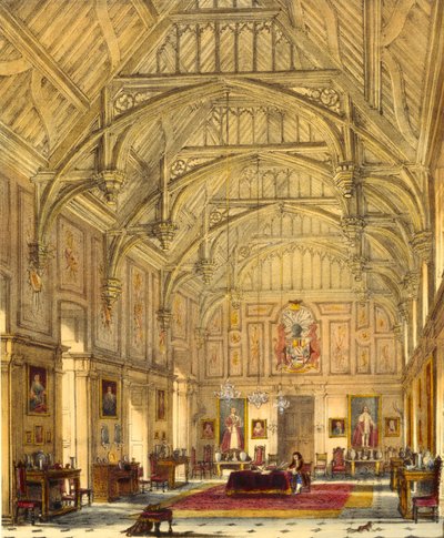 グランドホール、ビディングトン、サリー、1600年、「中世の建築」、1838年 作： Joseph Nash
