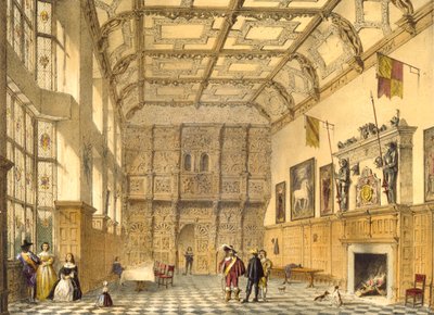 グレートホール、ハットフィールド、バークシャー、1600、「中世の建築」、1838年からの図 作： Joseph Nash