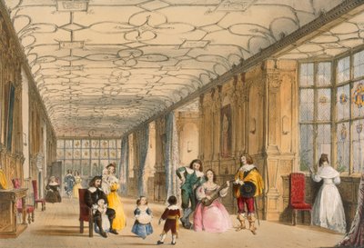 ダービーシャーのハドンにあるロングホールの眺め、1600年頃、「中世の建築」から出版、1838年 作： Joseph Nash