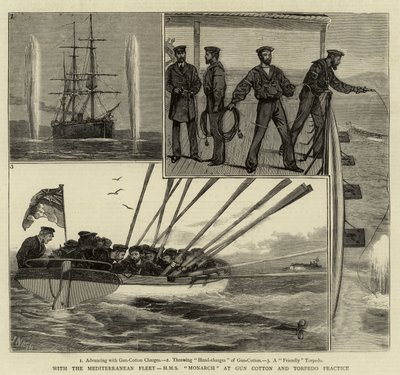 地中海艦隊とともに、ガンコットンと魚雷練習場のHMSモナーク 作： Joseph Nash