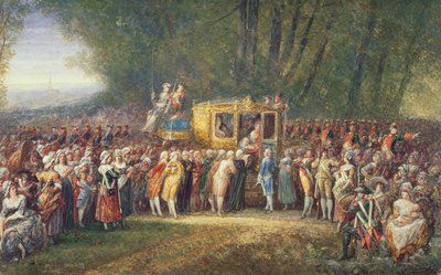 ルイ16世王は、1789年10月にレアールの女性たちによってヴェルサイユからパリに連れて行かれました。 作： Joseph Navlet
