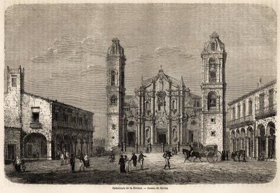 キューバのハバナのカテドラル。1859年、リチャード・ダナ（1815-1882）のキューバ島への航海を説明するためにナヴレが描いたもの。パリの "Le tour du monde, nouveau journal des voyages "に掲載されたエングレーヴィング。 作： Joseph Navlet