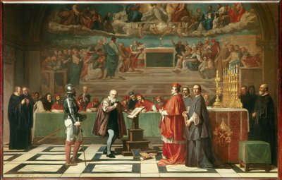 ガリレオ（またはガリレオ・ガリレイ（1564-1642）バチカンの聖務庁の前で」 天文学者はコペルニクスの理論を擁護したため、1632年に異端審問法廷で判決を受けました。ジョセフ・ニコラ・ロベール・フルーリー（ロベール・フルーリー）（1797-1890）による絵画 1847年 作： Joseph Nicolas Robert Fleury