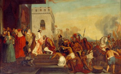 1493年、スペイン王フェルディナンド2世（アラゴン）とイザベラ1世（カスティーリャ）（カトリック）によるクリストファー・コロンブス（1451-1506）のバルセロナでの歓迎会 探検家は捕虜となったインディアンを連れて戻ってきます。ジョセフ・ニコラ・ロベール・フルーリー（1797-1890）による絵画 作： Joseph Nicolas Robert Fleury