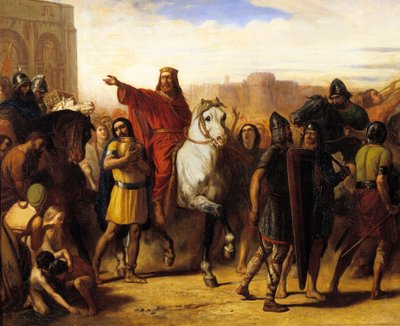508年、フランク王国の王クローヴィス1世（466-511）のトゥールへの凱旋門。ジョセフ・ロベール・フルーリー（またはロベール・フルーリー）による絵画 作： Joseph Nicolas Robert Fleury