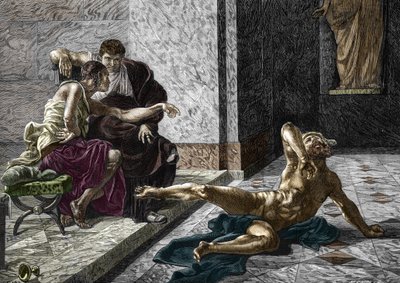 皇帝ネロ (37-68) の側で、弟のブリタニクス (41-55) のために意図された毒を彼の奴隷の 1 人に試そうとしているローマの毒殺者ローカストの表現、55 ) 1876年 (ローマの毒殺者 Locus 作： Joseph Noel (after) Sylvestre