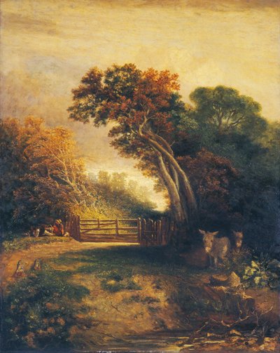 門のそばにピクニック客とロバがいる風景」1830～1880年頃 作： Joseph Paul