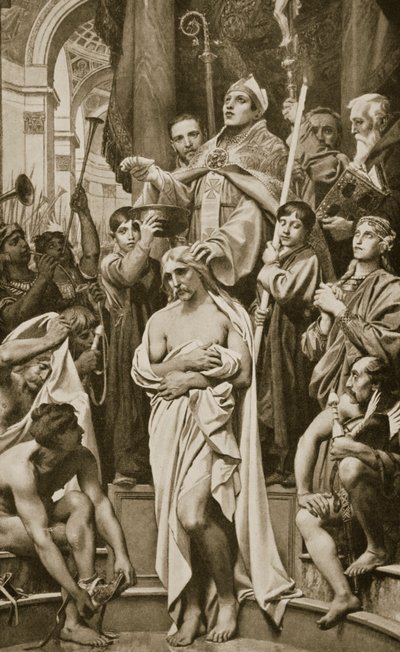 クロービスの洗礼、Rheims、496 AD、「ハッチンソンの国家の歴史」からのイラスト、1915 作： Joseph Paul Blanc