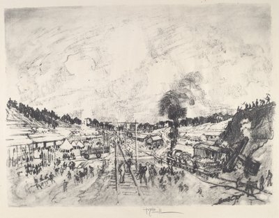キャンプの建設、1917 年。 作： Joseph Pennell