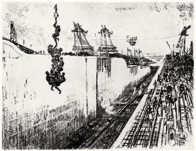 ガトゥンでのディナータイム、ジョセフペンネルによるパナマ運河のプレートIII、1912年（紙に炭） 作： Joseph Pennell