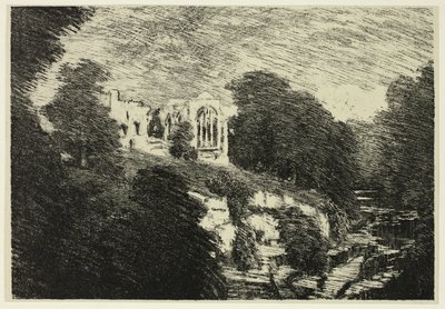 エグルストーン修道院、川から 作： Joseph Pennell