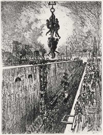一日の終わり。ガトゥンロック、プレートVII（ジョセフ・ペネル著「The Panama Canal」より 作： Joseph Pennell