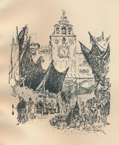 フラワーマーケット、ヴェネツィア、19世紀後半から20世紀初頭、1925年。 作： Joseph Pennell