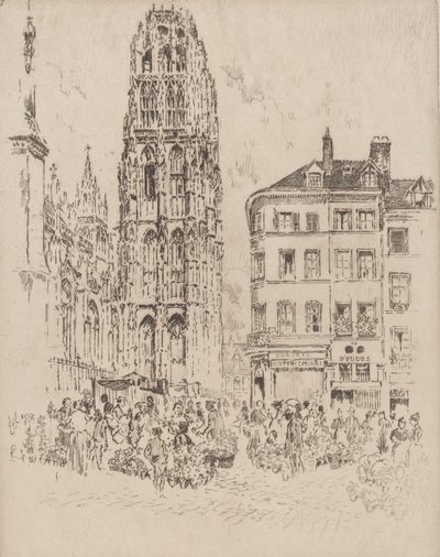 花市場とバターの塔、ルーアン、1907年 作： Joseph Pennell