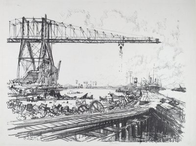 フランスの運河とアメリカのクレーン、1912年 作： Joseph Pennell