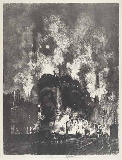 夜の炉、1916年。 作： Joseph Pennell