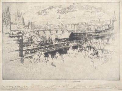 チャリング クロス橋を渡るロンドン 作： Joseph Pennell