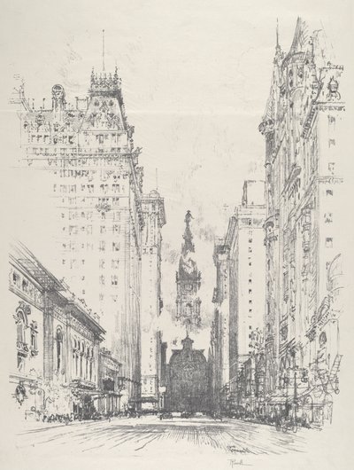 スプルース・ストリートからブロード・ストリートを見上げる、1912年。 作： Joseph Pennell