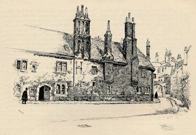 オールドチャーターハウス：ウォッシュハウスコートの外観、インナーゲートウェイ付き、1886 作： Joseph Pennell