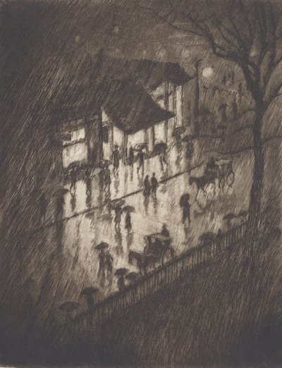 雨の夜、チャリング・クロス・ショップス、1903年 作： Joseph Pennell