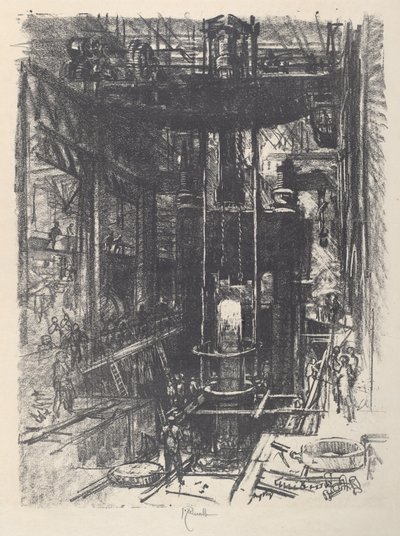 インゴットから銃を成形、1917 年。 作： Joseph Pennell