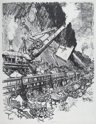 1912 年、バス オビスポのカットでの蒸気シャベル。 作： Joseph Pennell
