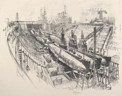 ドライドックの潜水艦（1917年 作： Joseph Pennell