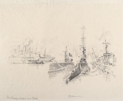 港の潜水艦、1917 年。 作： Joseph Pennell