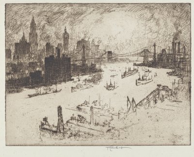 ウィリアムズバーグ橋からの夕日 作： Joseph Pennell