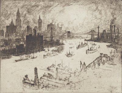 日没、ウィリアムズバーグ橋から、1915 年。 作： Joseph Pennell