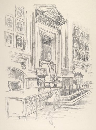 テーブルと椅子、独立記念館の署名者の部屋、1912年 作： Joseph Pennell