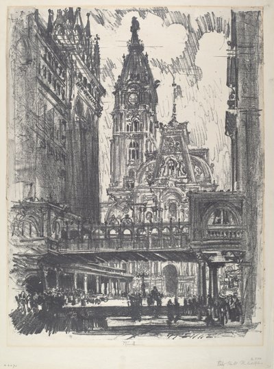 市庁舎とマーケット ストリートを渡る橋 作： Joseph Pennell