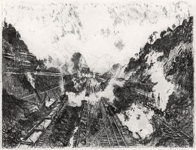 アンコンヒルに向けたカットプレート、ジョセフペネル作のパナマ運河からのプレートXVII、1912年（紙に木炭） 作： Joseph Pennell