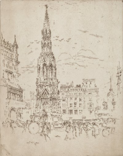 チャリング クロス駅前のエリノア クロス、1906 年。 作： Joseph Pennell