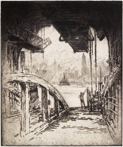 フェリーハウス; 1919年のジャージーシティサイドからのコートランドストリートフェリー 作： Joseph Pennell