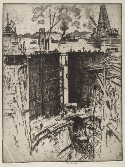 ガードゲート、ガトゥンロック、パナマ、1912年（紙にエッチング） 作： Joseph Pennell
