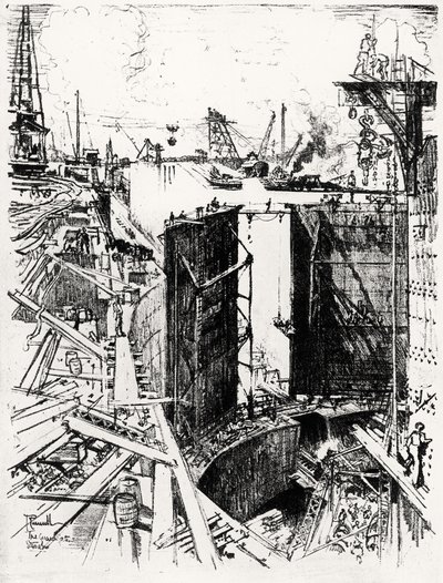 ガトゥンの守衛門、ジョセフペネル作のパナマ運河のV版、1912年（紙に木炭） 作： Joseph Pennell