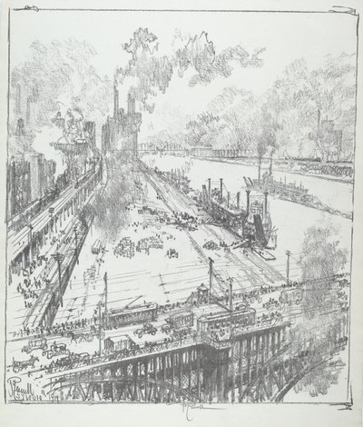 セントルイスのイーズ橋からの堤防 作： Joseph Pennell