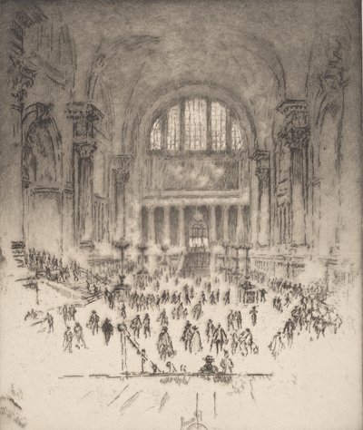 マーブル ホール、ペンシルベニア駅、ニューヨーク、1919 年。 作： Joseph Pennell