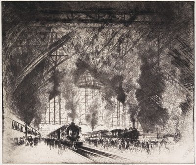 来る列車と行く列車、ペンシルベニア鉄道、フィラデルフィア、1919 作： Joseph Pennell