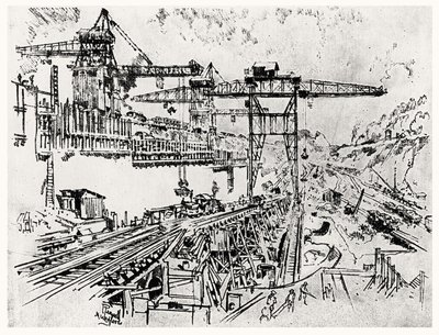 ミラフローレス水門の壁、ジョセフペネル作のパナマ運河のプレートXXIII、1912年（紙に炭） 作： Joseph Pennell