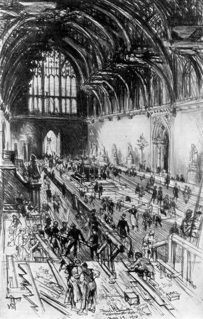 所持労働者、ウェストミンスターホール、ロンドン、1910年。 作： Joseph Pennell