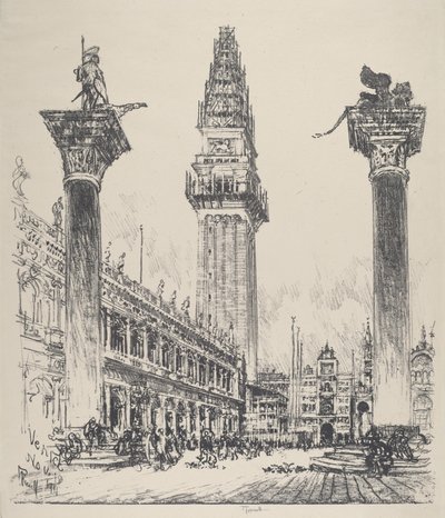 ベネチア、鐘楼の再建、1911 年。 作： Joseph Pennell