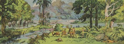 アダムとイヴ、エデンの園（カラーリトグラフ） 作： Joseph Porphyre Pinchon