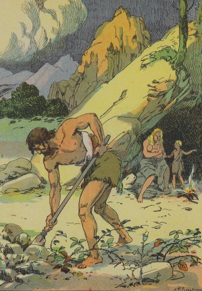 エデンの園を追放された後、土を耕すアダム（カラーリトグラフ） 作： Joseph Porphyre Pinchon